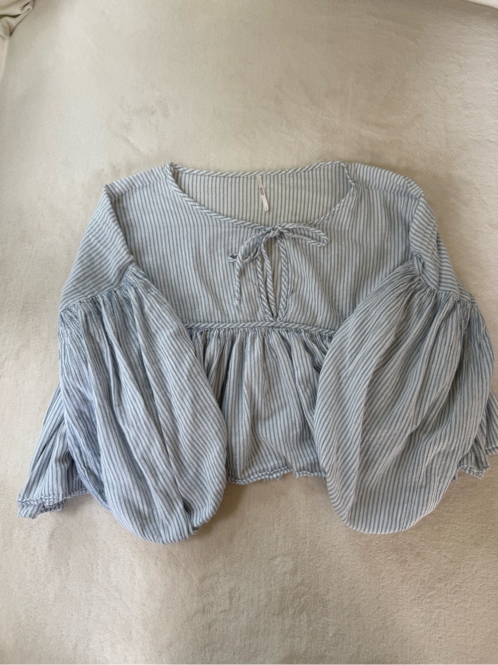 Urban Outfitters Blue and White Striped Tie-Front Peasant Top